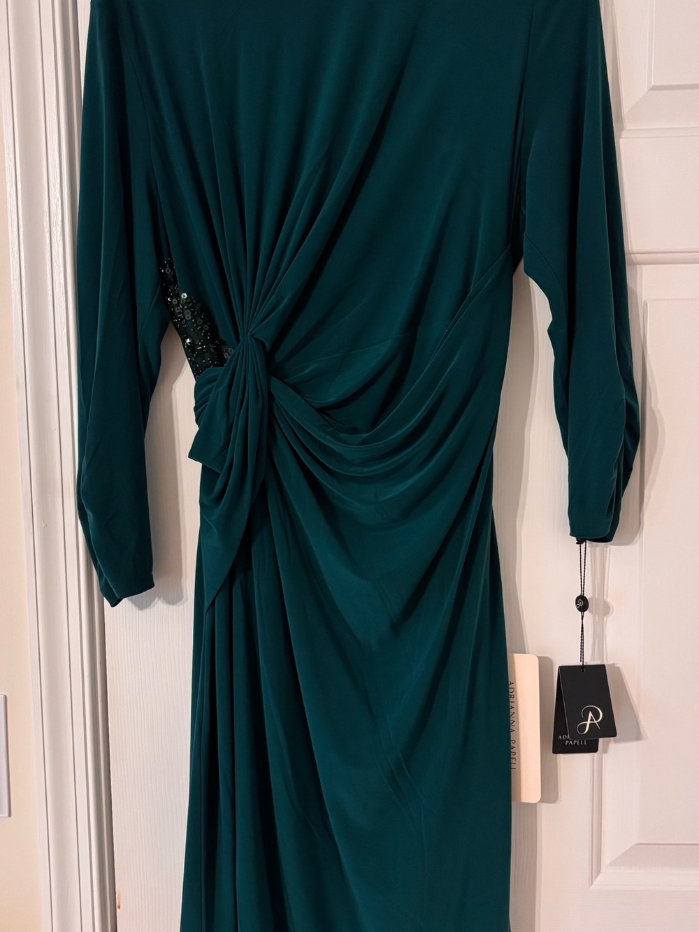 Adrianna Papell Teal Knot-Detail Long Sleeve Draped Gown